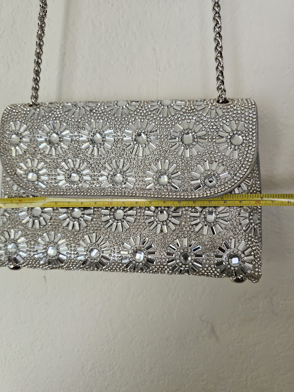 Rhinestone Embellished Silver Evening Clutch with Chain - Picture 8 of 11